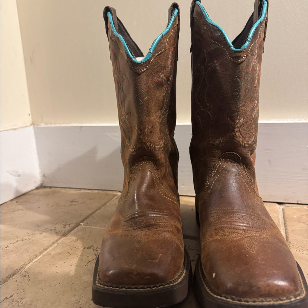 Justin Brown Cowgirl Boots with Teal Accents